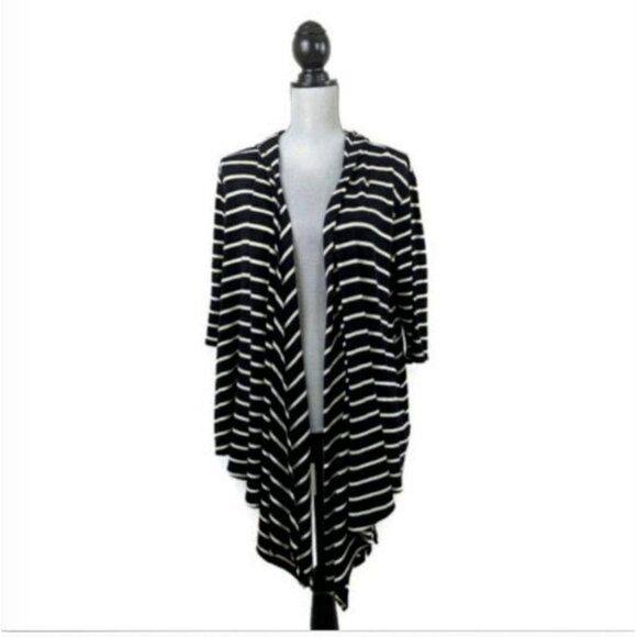 Anne Klein Sweater Womens Small Open Front Hooded 3/4 Sleeve Black White Stripe - Picture 1 of 5